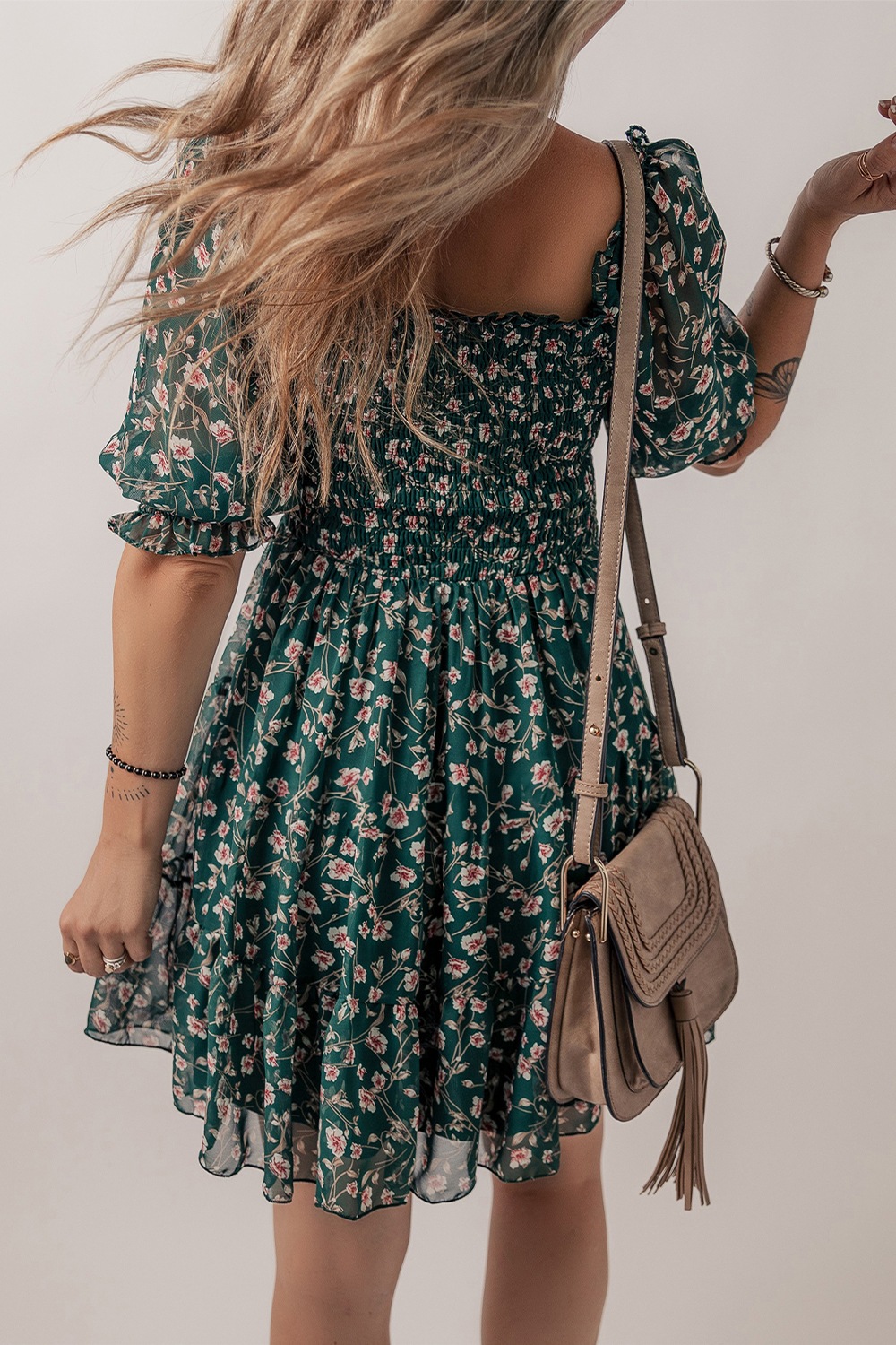 Smocked Square Neck Puff Short Sleeve Floral Dress