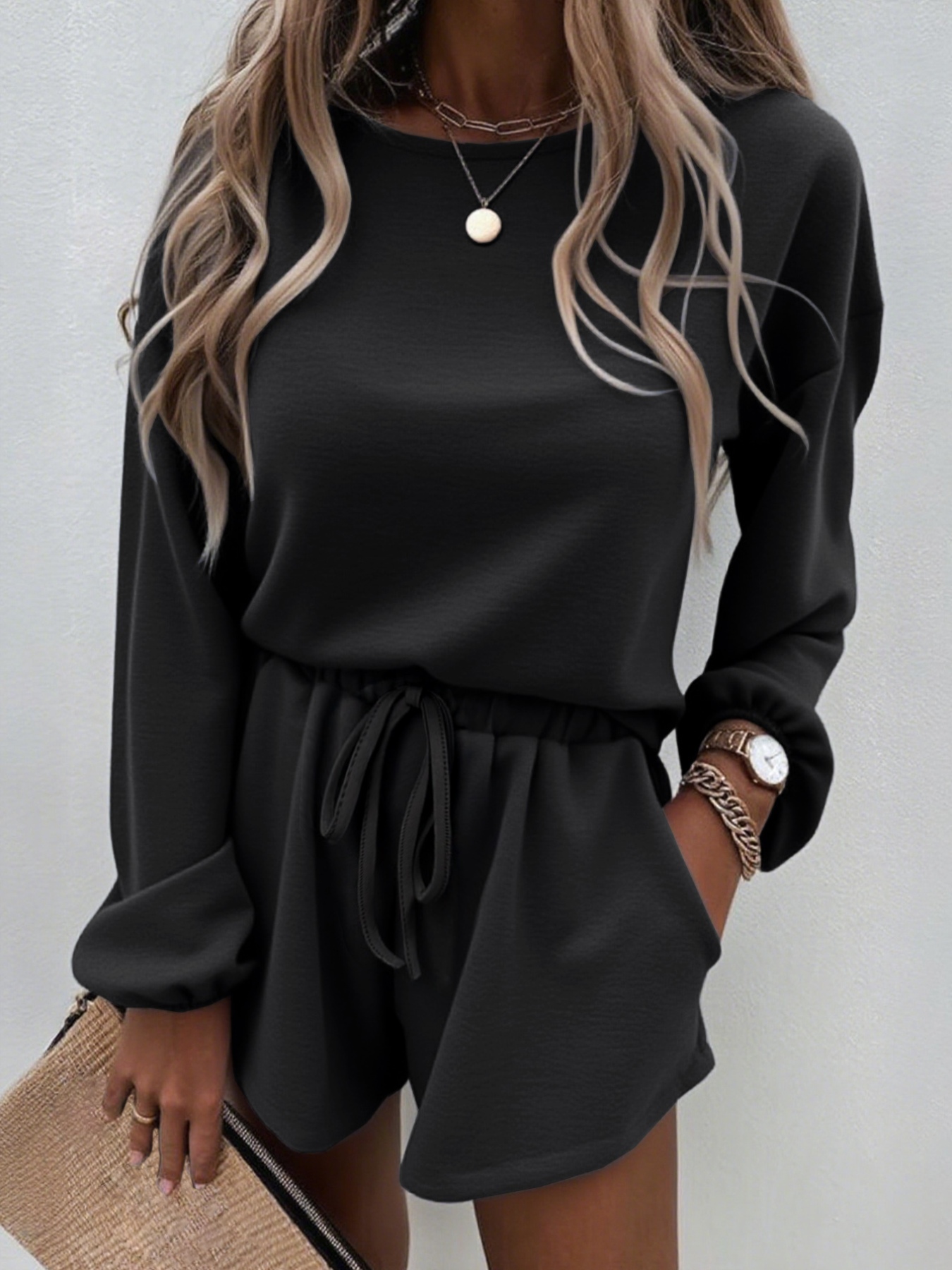 Casual Solid Color Top and Drawstring Shorts Two-Piece Set