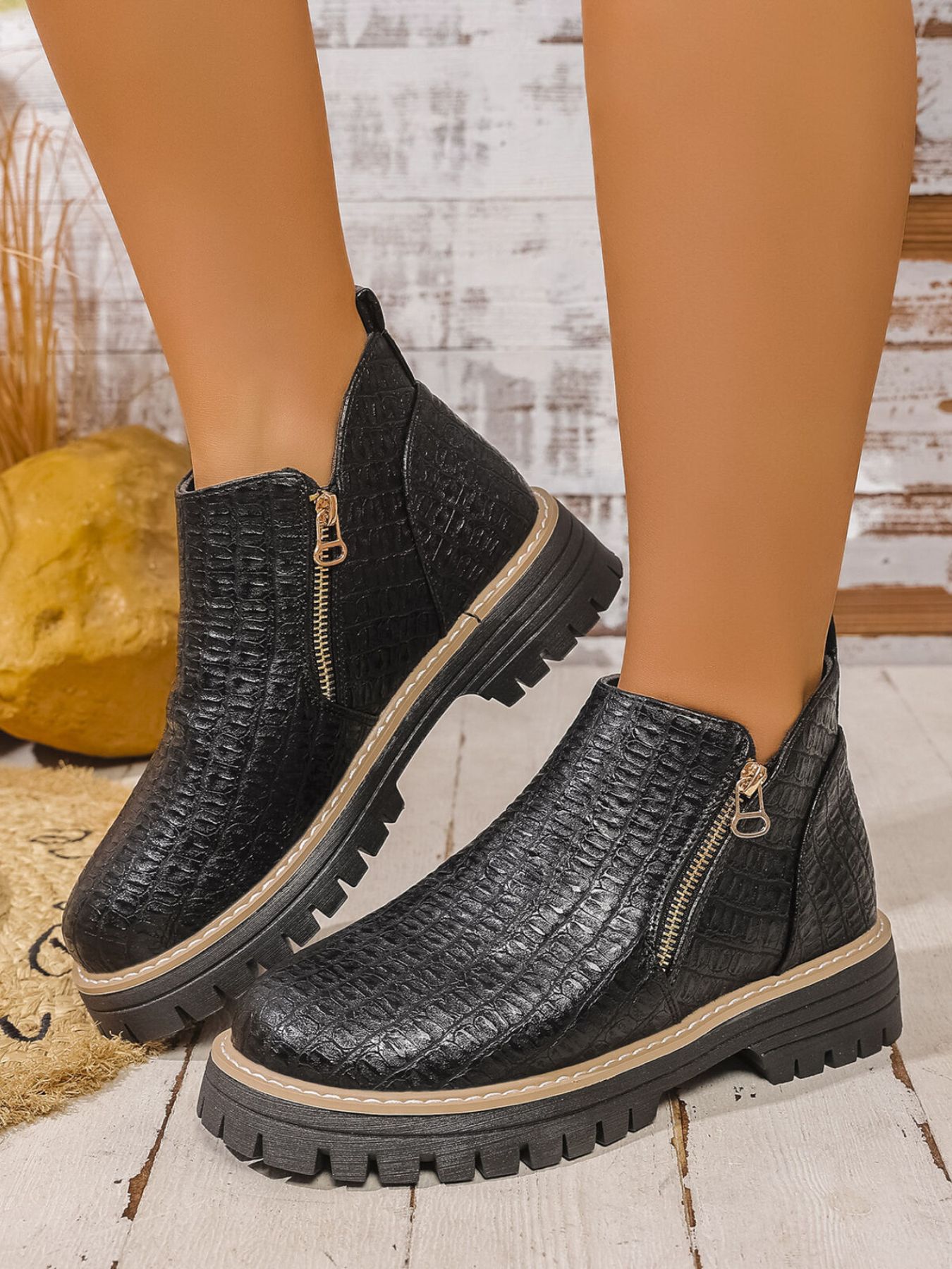 Round Toe Side Zip Ankle Boots