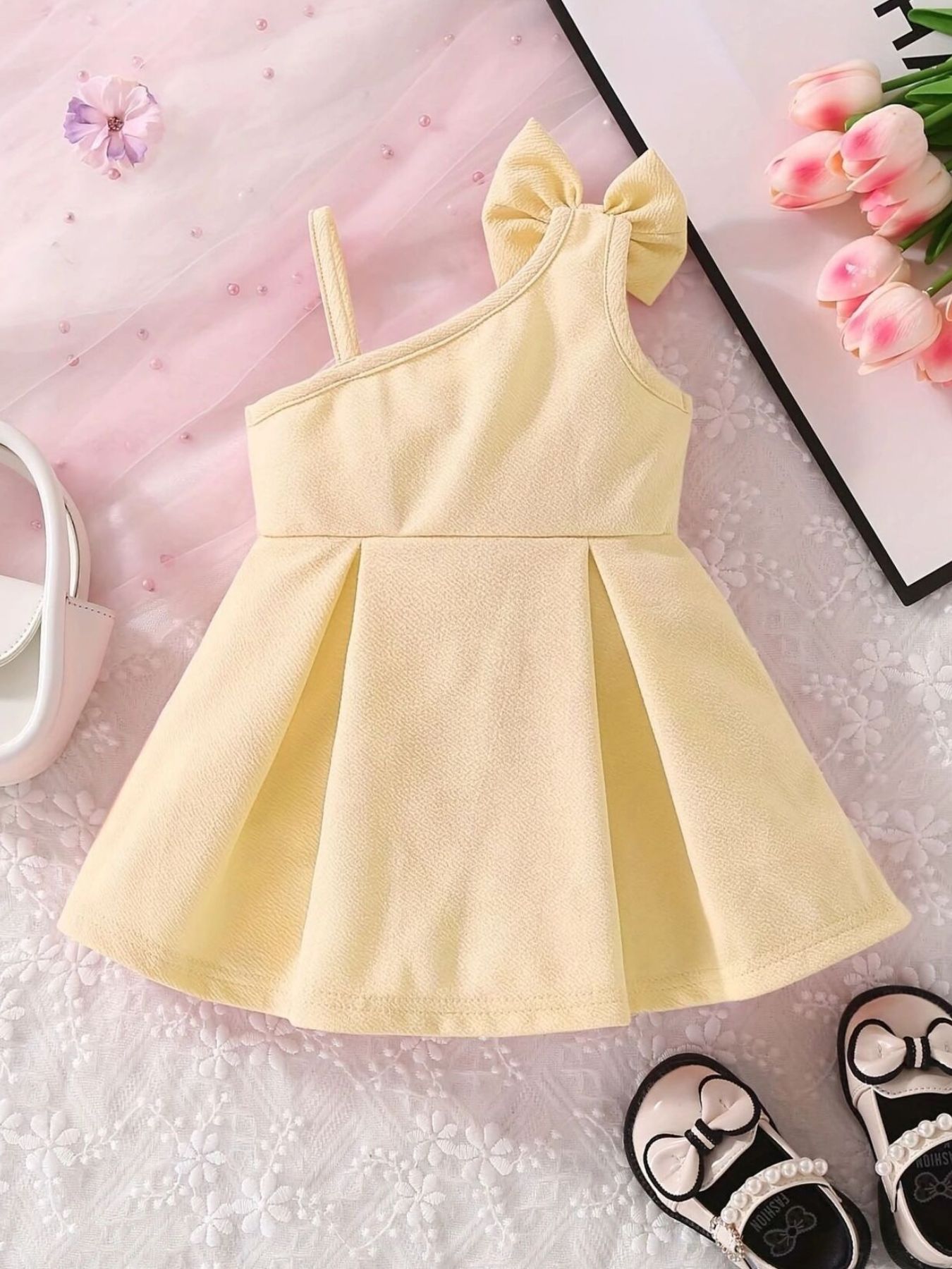Children's Bow Asymmetrical Shoulder Dress 4