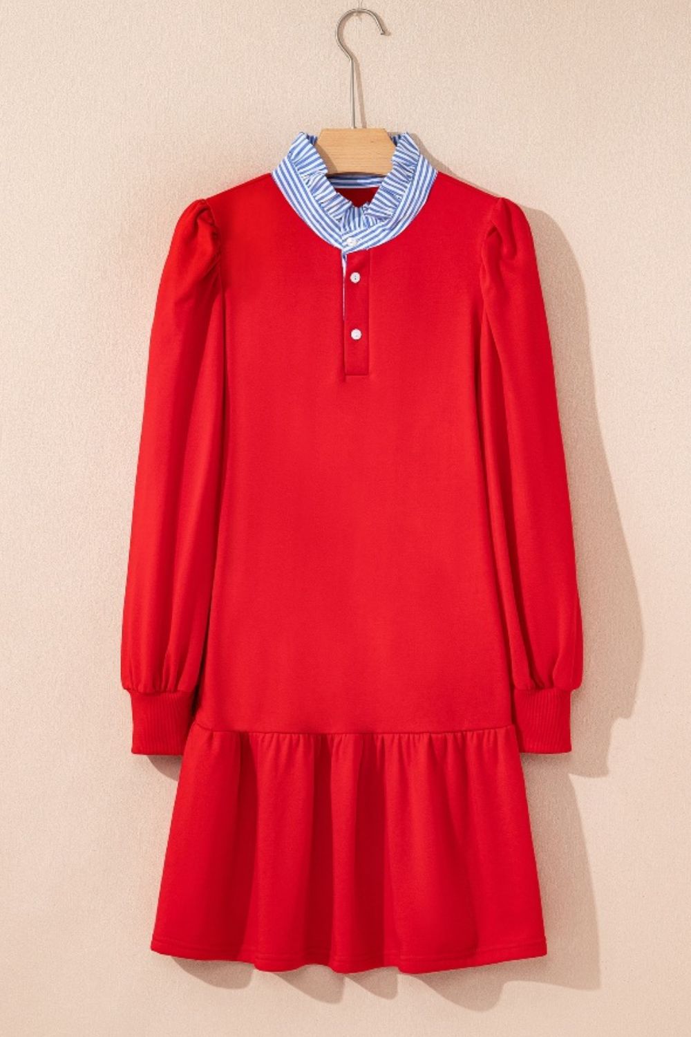 Contrast Striped Collar Patchwork Puff Sleeve Ruffle Hem Mini Dress