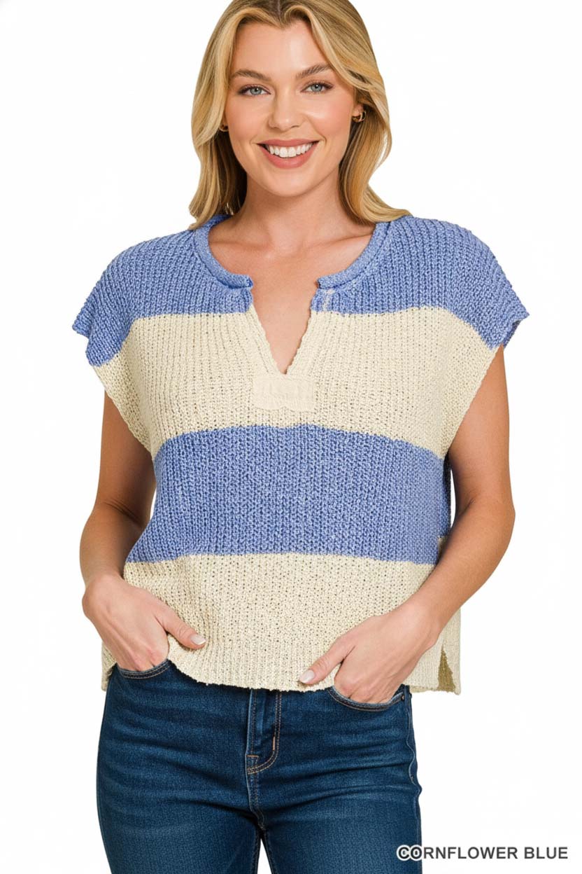 Split Neck Sleeveless Stripe Sweater
