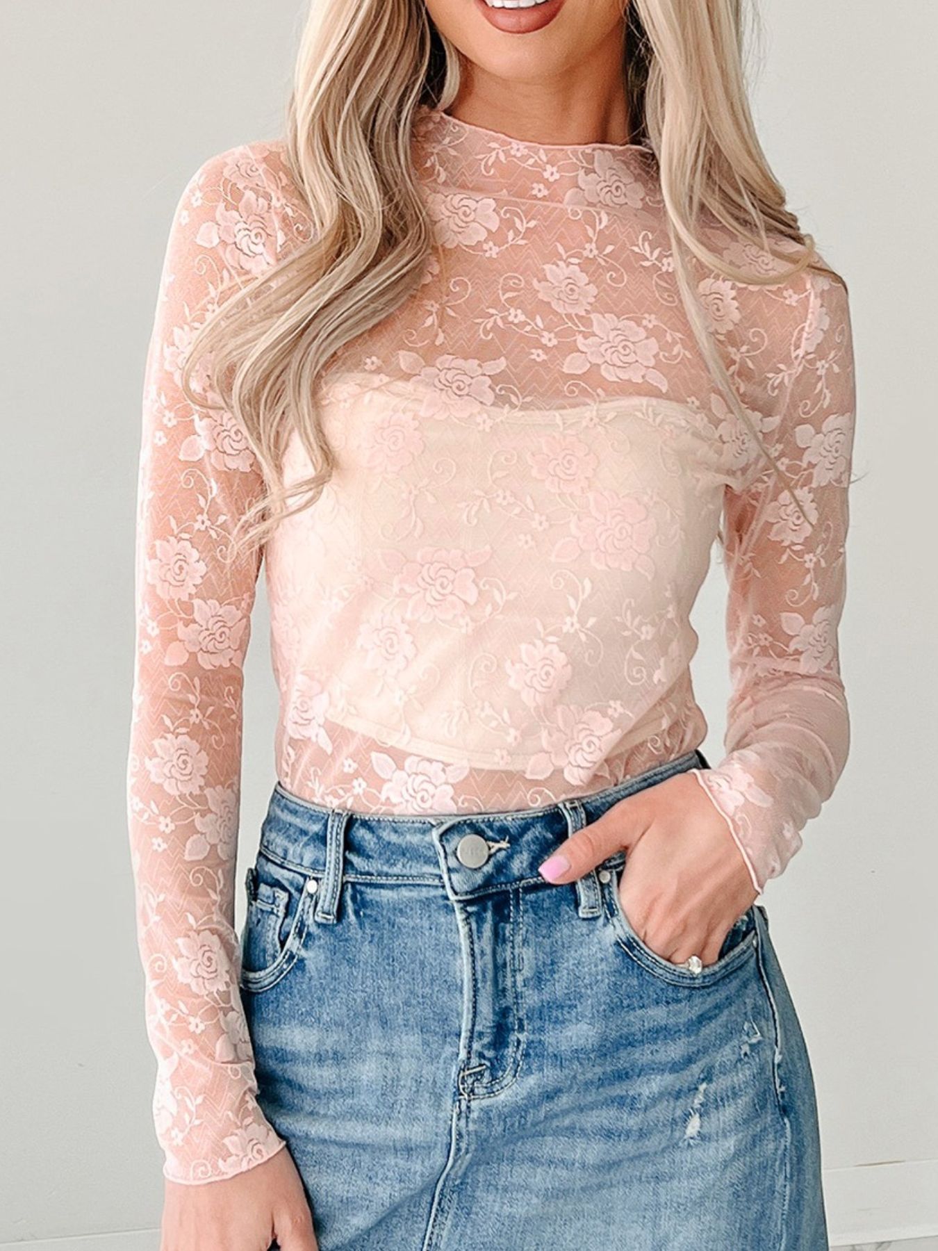 Lace Mock Neck Long Sleeve Blouse