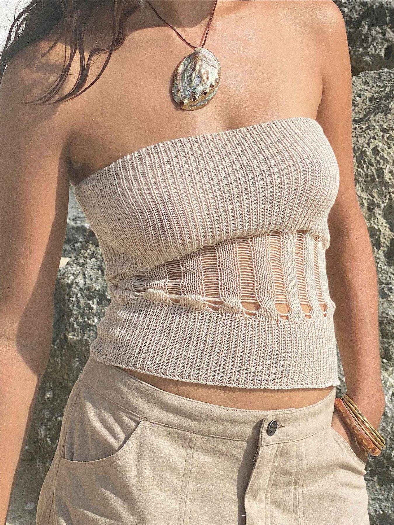 Openwork Knit Tube Top