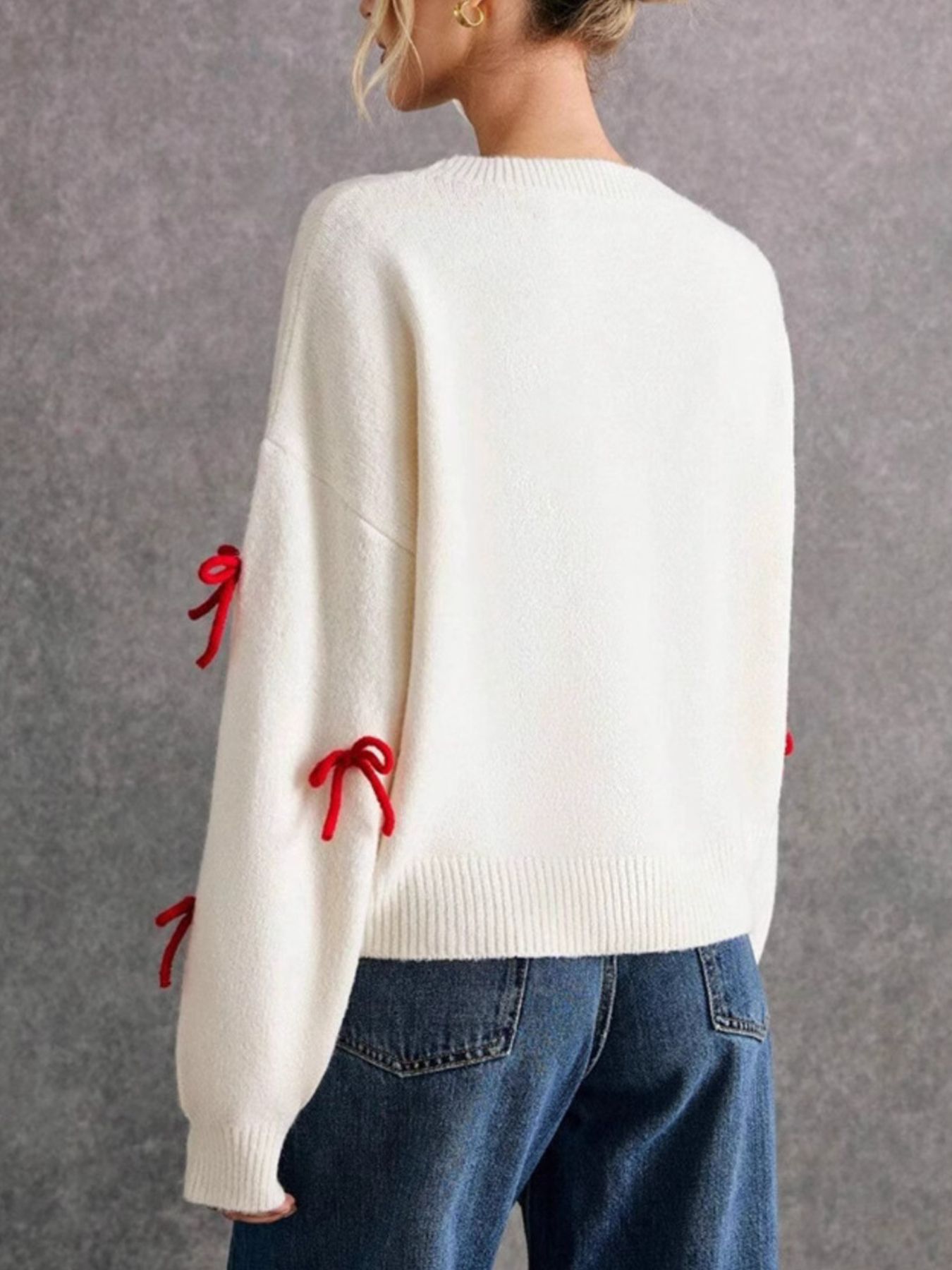 Bow Contrast Round Neck Long Sleeve Sweater