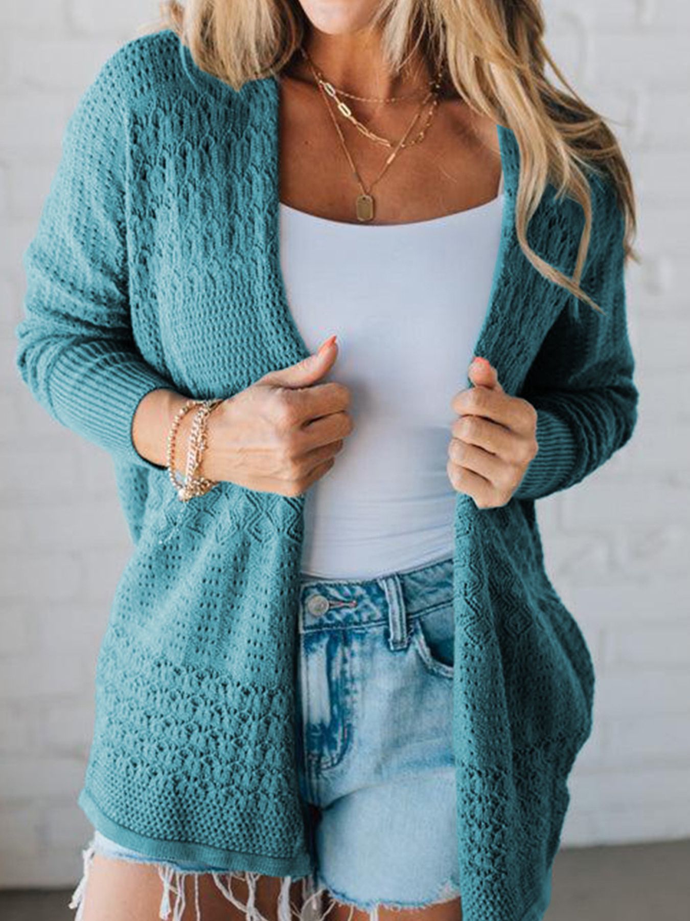 Open Front Knitted Cardigan with Eyelet Details view 5