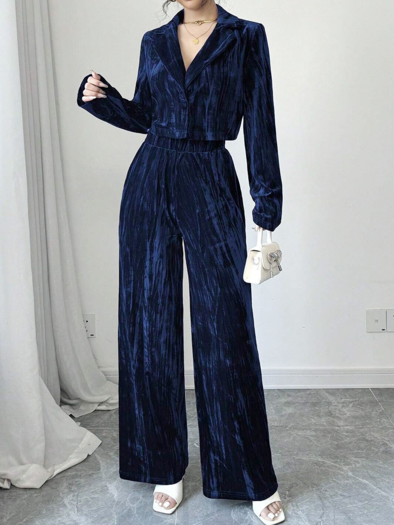 Pleated Velvet Blazer & Wide Leg Pants Set