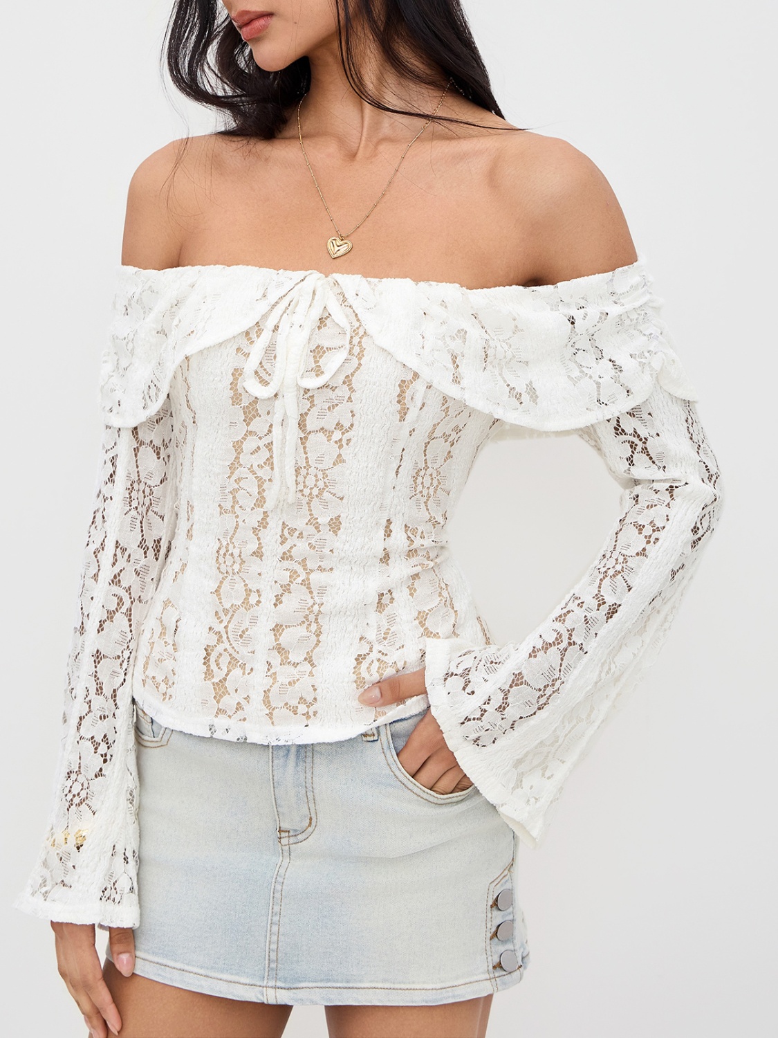 Off-Shoulder Lace Top with Bell Sleeves