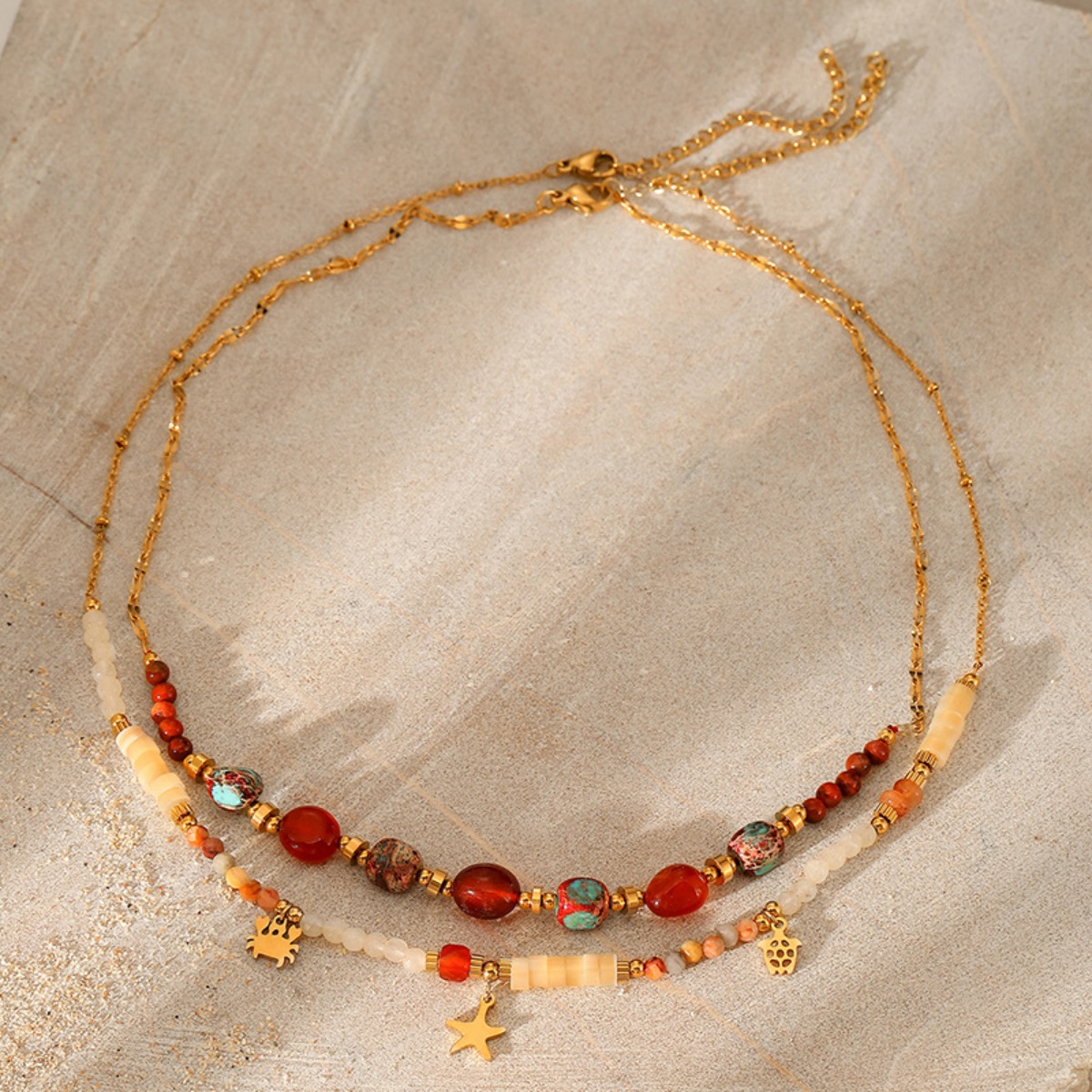2 Piece 18K Gold-Plated Natural Stone Bead Necklace