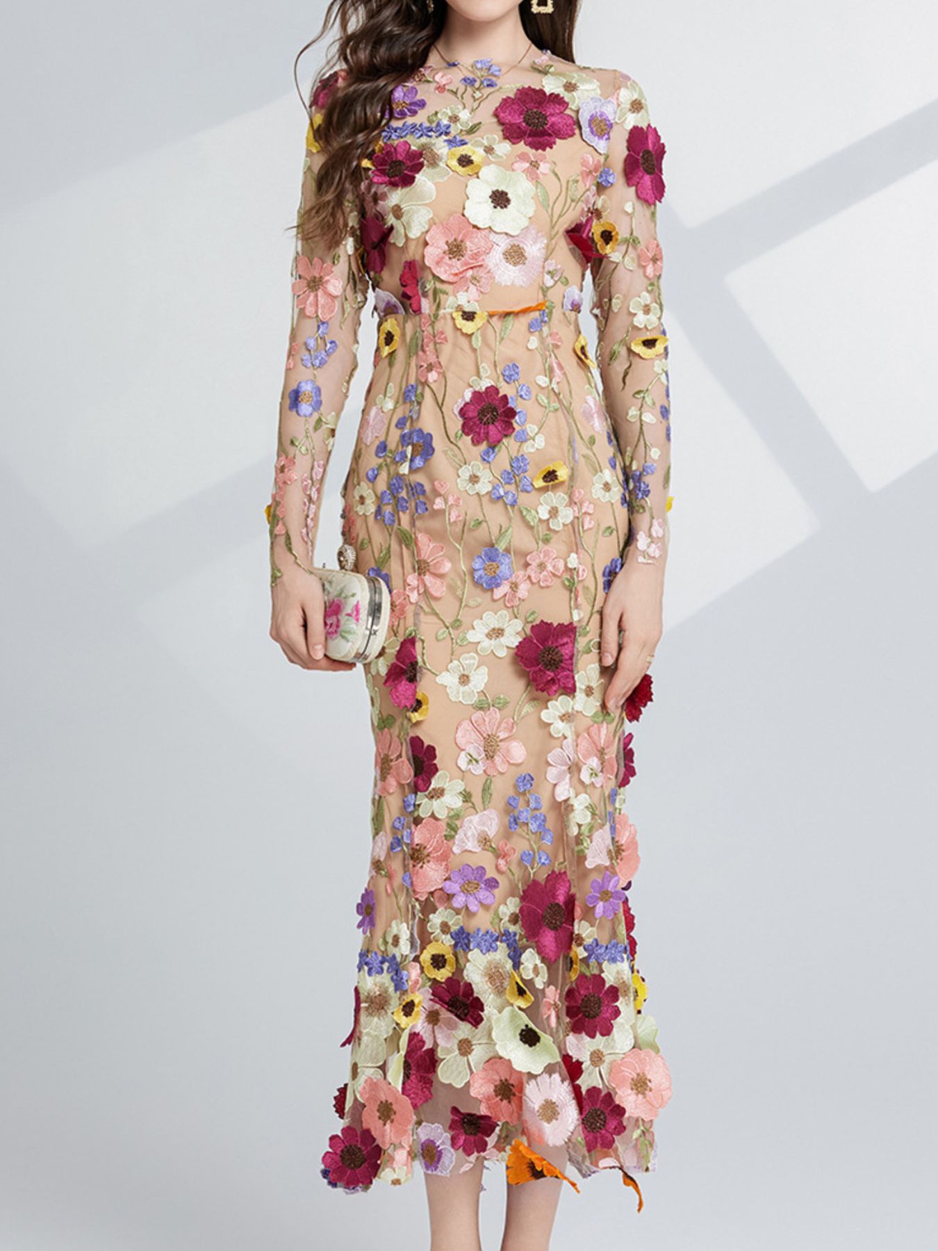 Floral Embroidered Mesh Long Sleeve Midi Dress