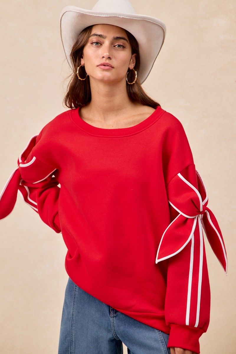 Bow Detail Sleeves Fleece Sweatshirt