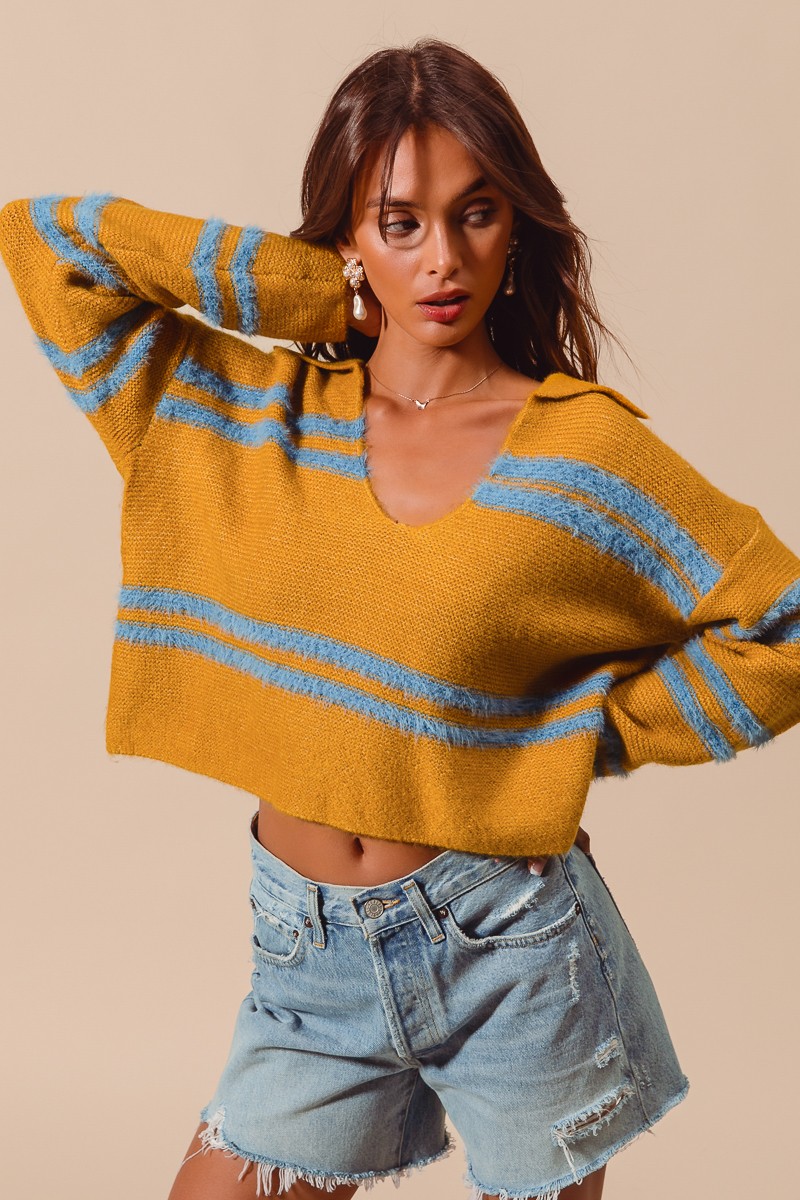 Fuzzy Hairy Stripe Deep U Neck Swetaer