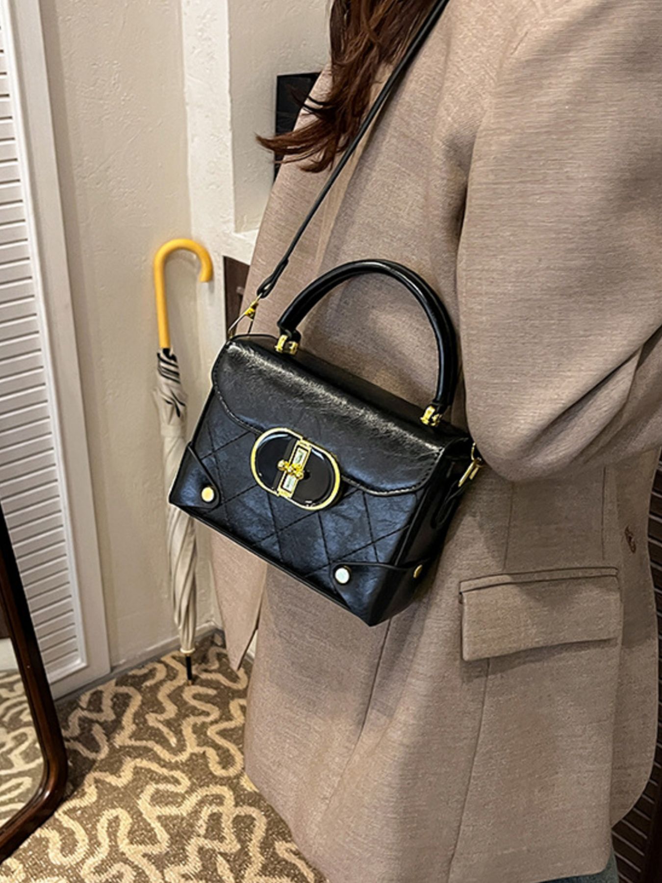 Quilted Pattern Top Handle Crossbody Bag