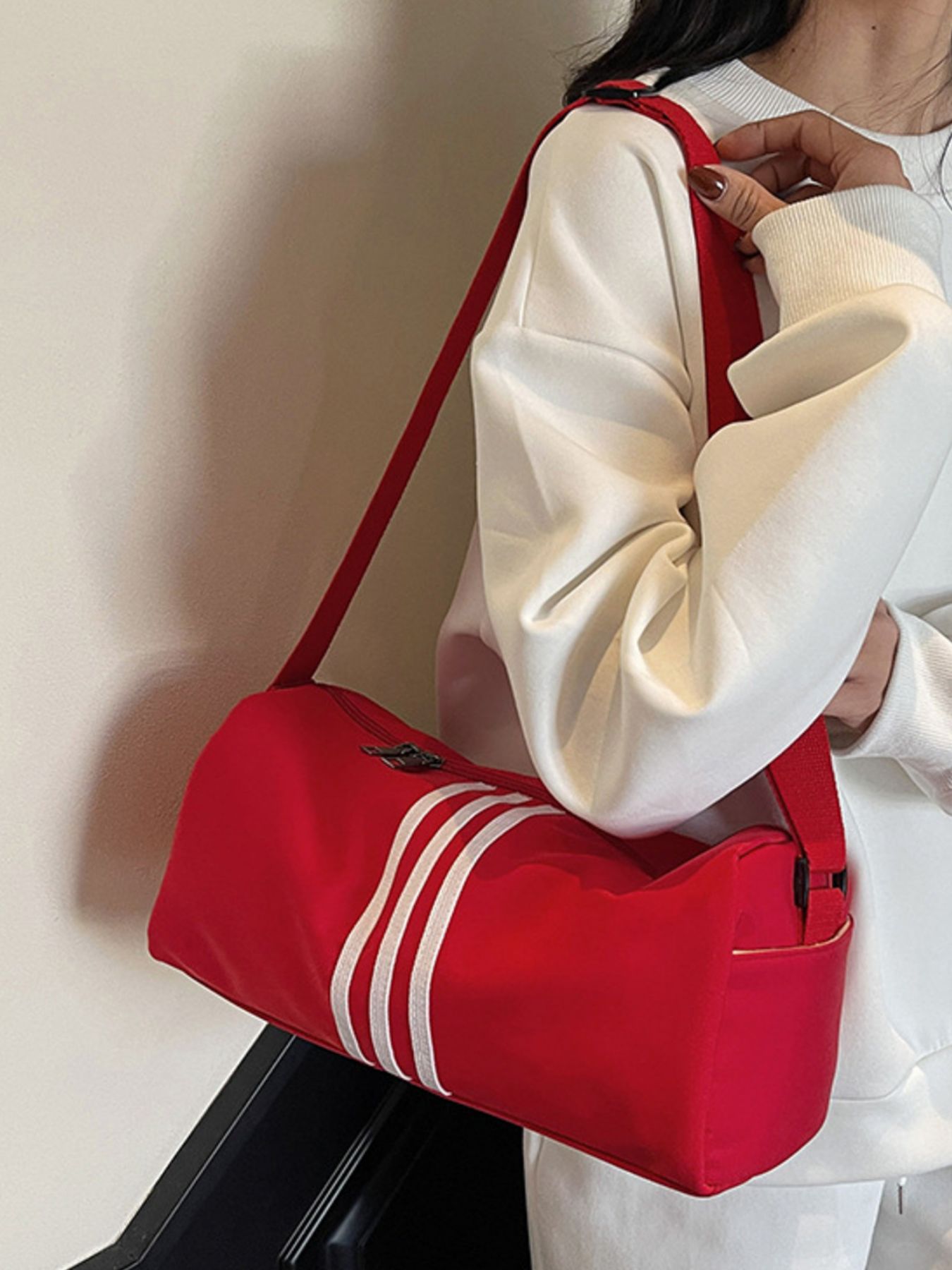 Striped Adjustable Strap Duffel Bag