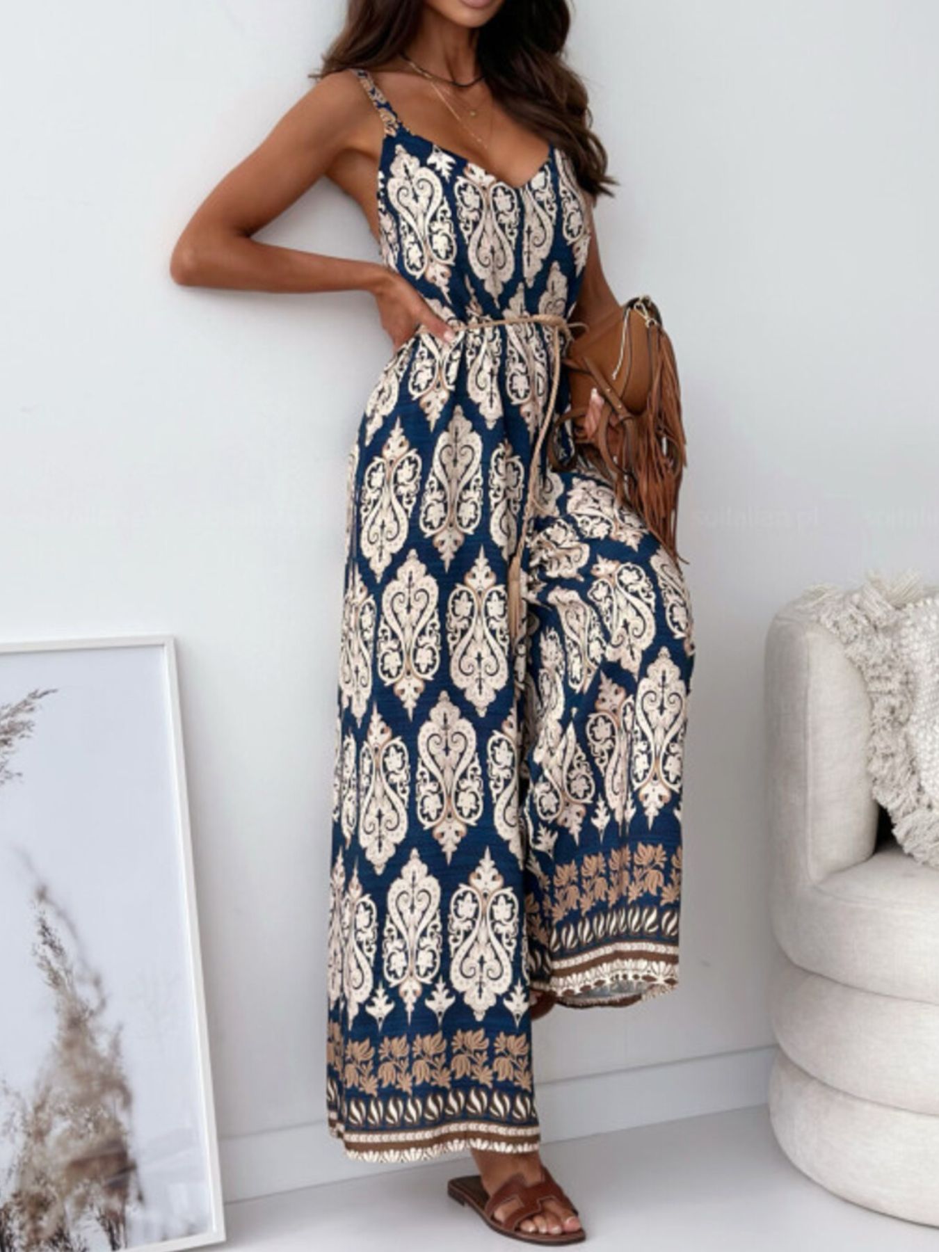 Paisley Print Spaghetti Strap Wide Leg Jumpsuit