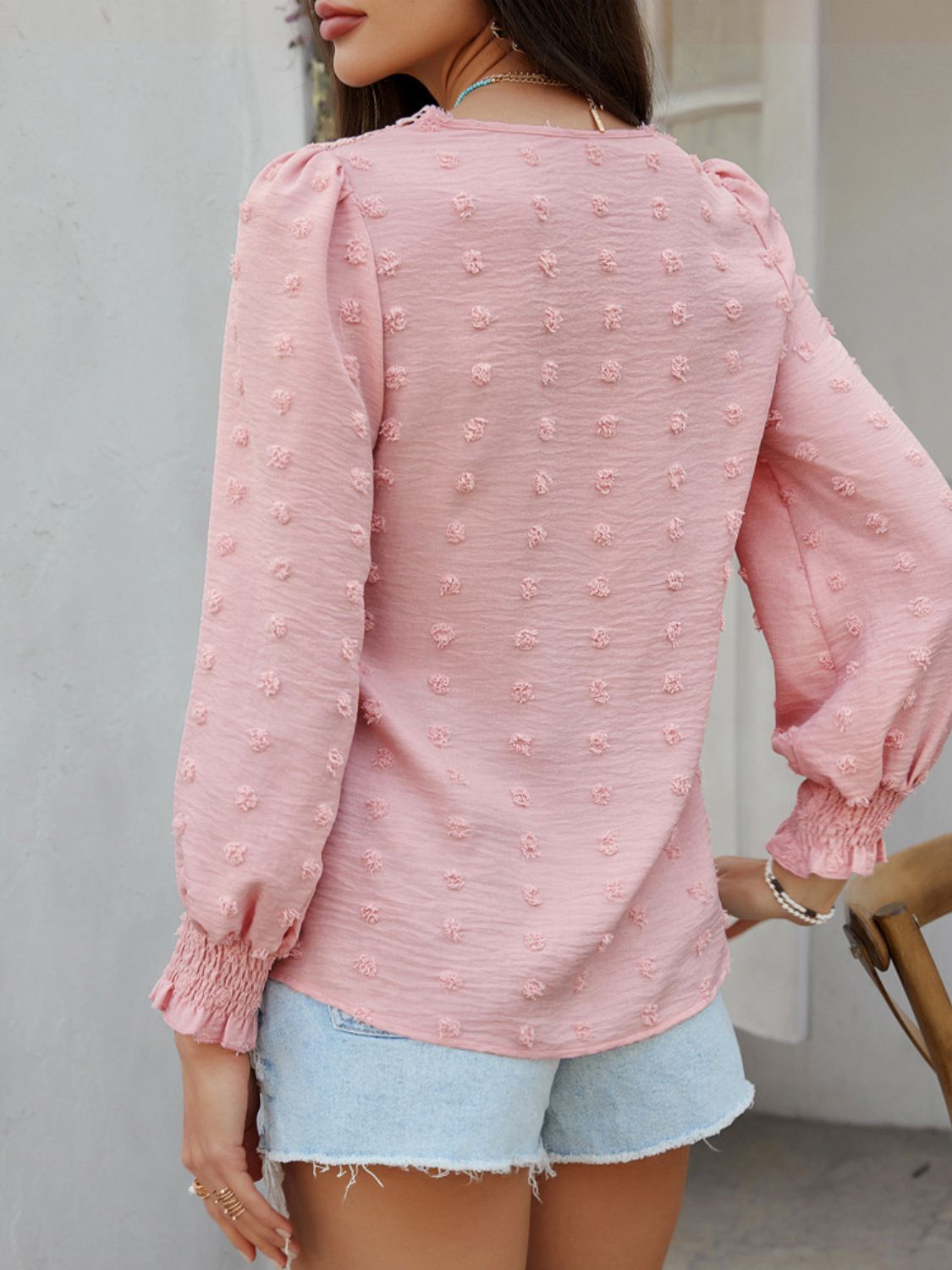 Swiss Dot Lace Detail V-Neck Long Sleeve Blouse