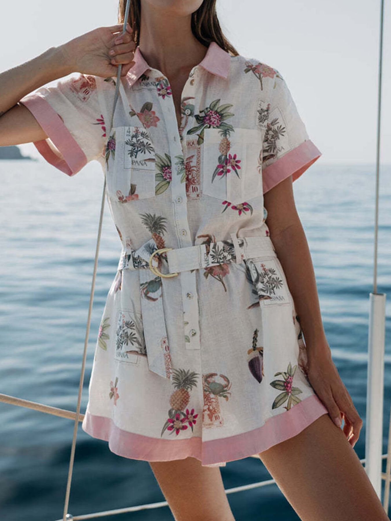 Printed Short Sleeve Romper with Belt