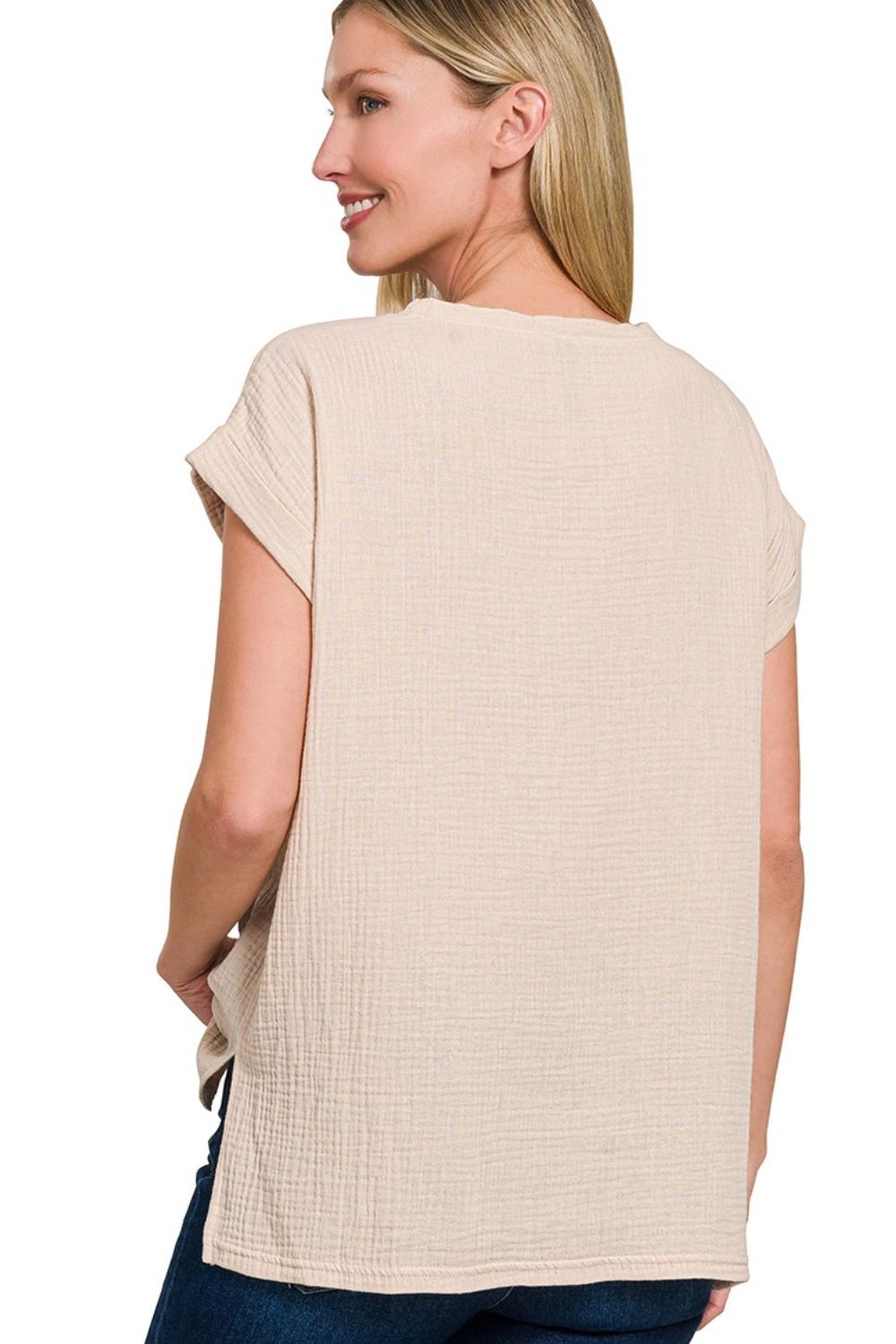 Double Gauze Round Neck Folded Short Sleeve Top