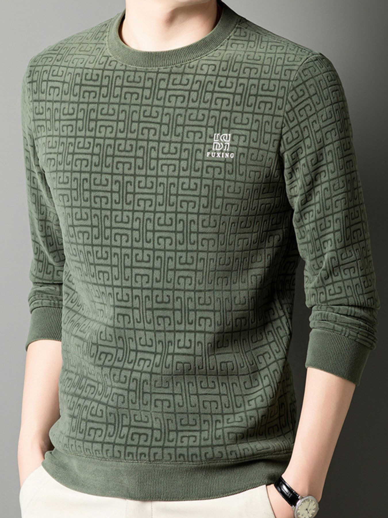 Men's Plus Size Long Sleeve Textured Casual Knit Top