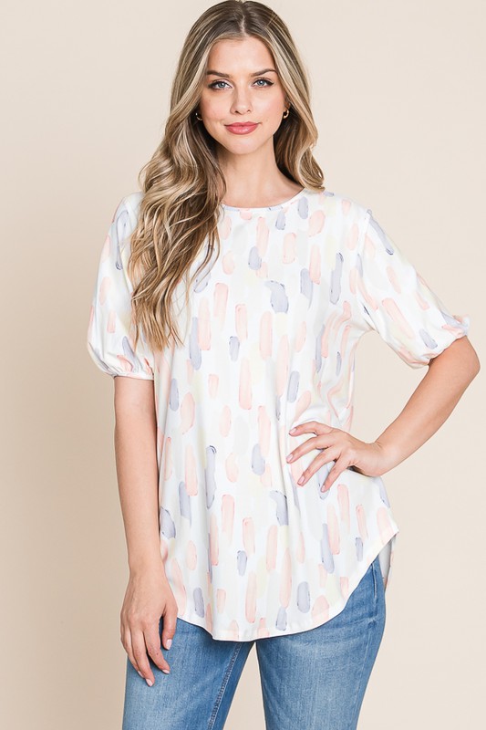 Round Neck Puff Short Sleeve Blouse