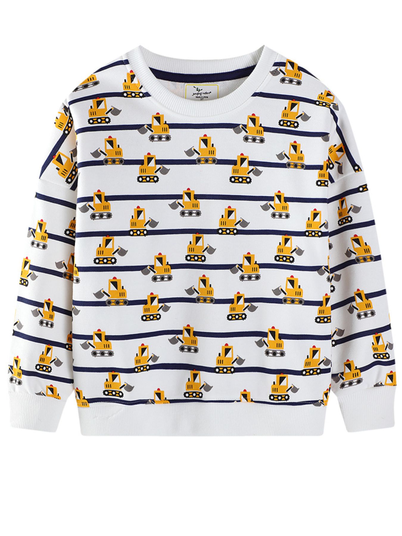 Children's Excavator Print Striped Crew Neck Sweatshirt