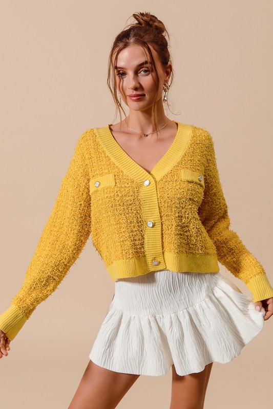 Frayed Tweed Knit Buttoned Front Cardigan