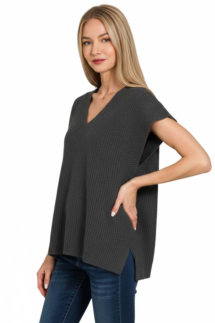 Ribbed Slit V-Neck Sweater Vest