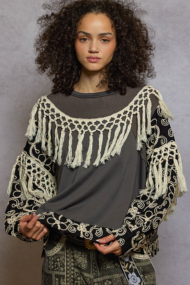 Contrast Floral Embroidery Balloon Sleeve Top with Tassel Trim