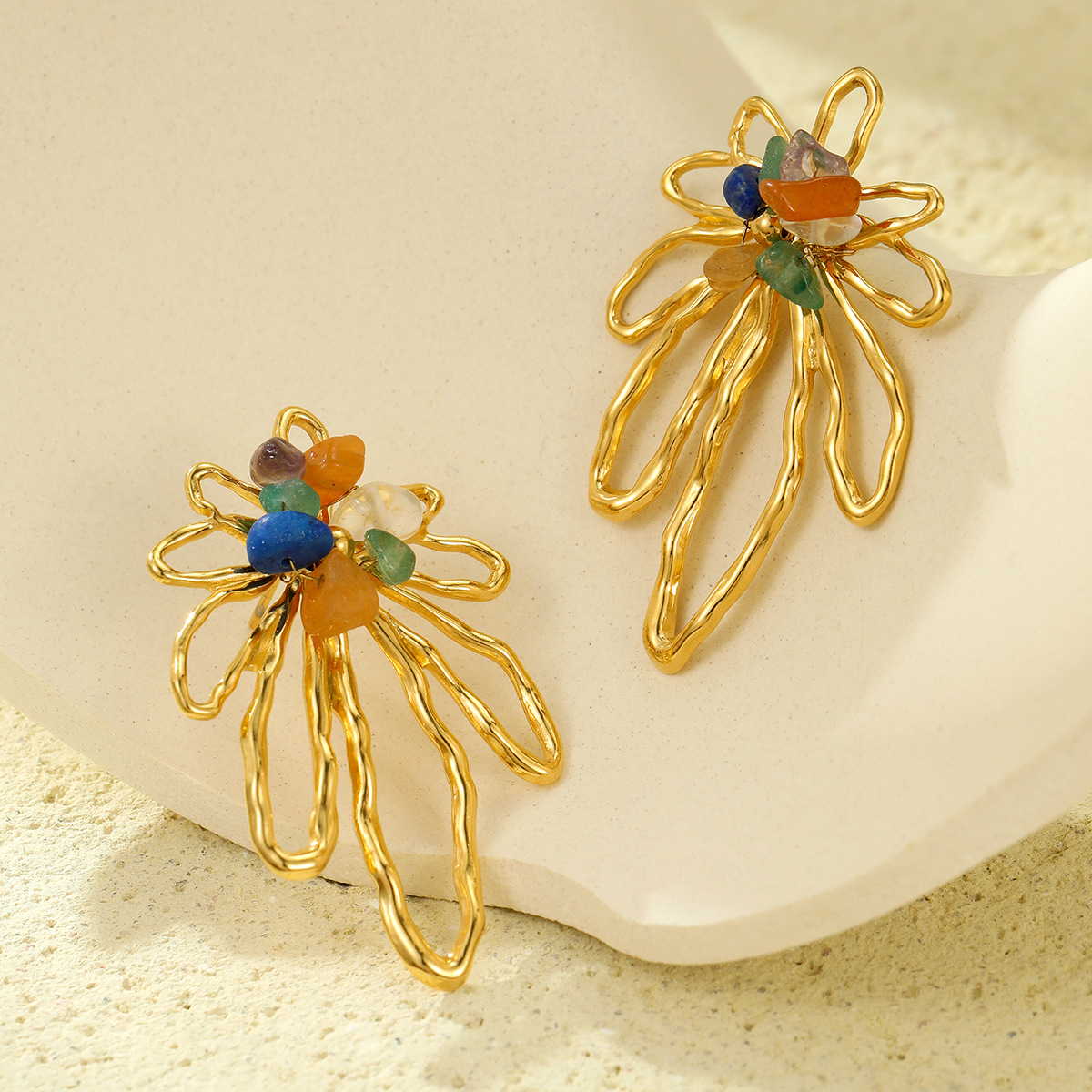 18K Gold-Plated Natural Stone Flower Earrings