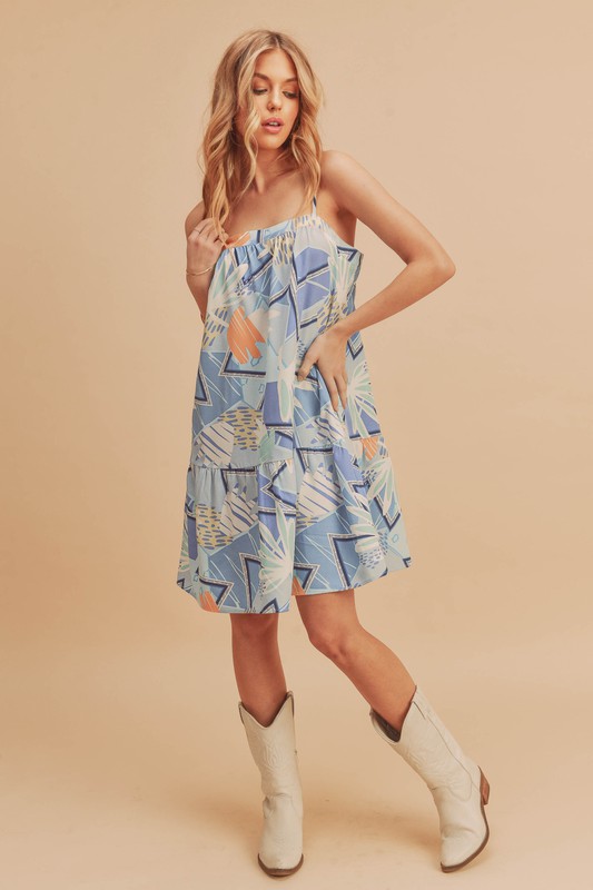 Printed Ruffled Hem Square Neck Mini Cami Dress