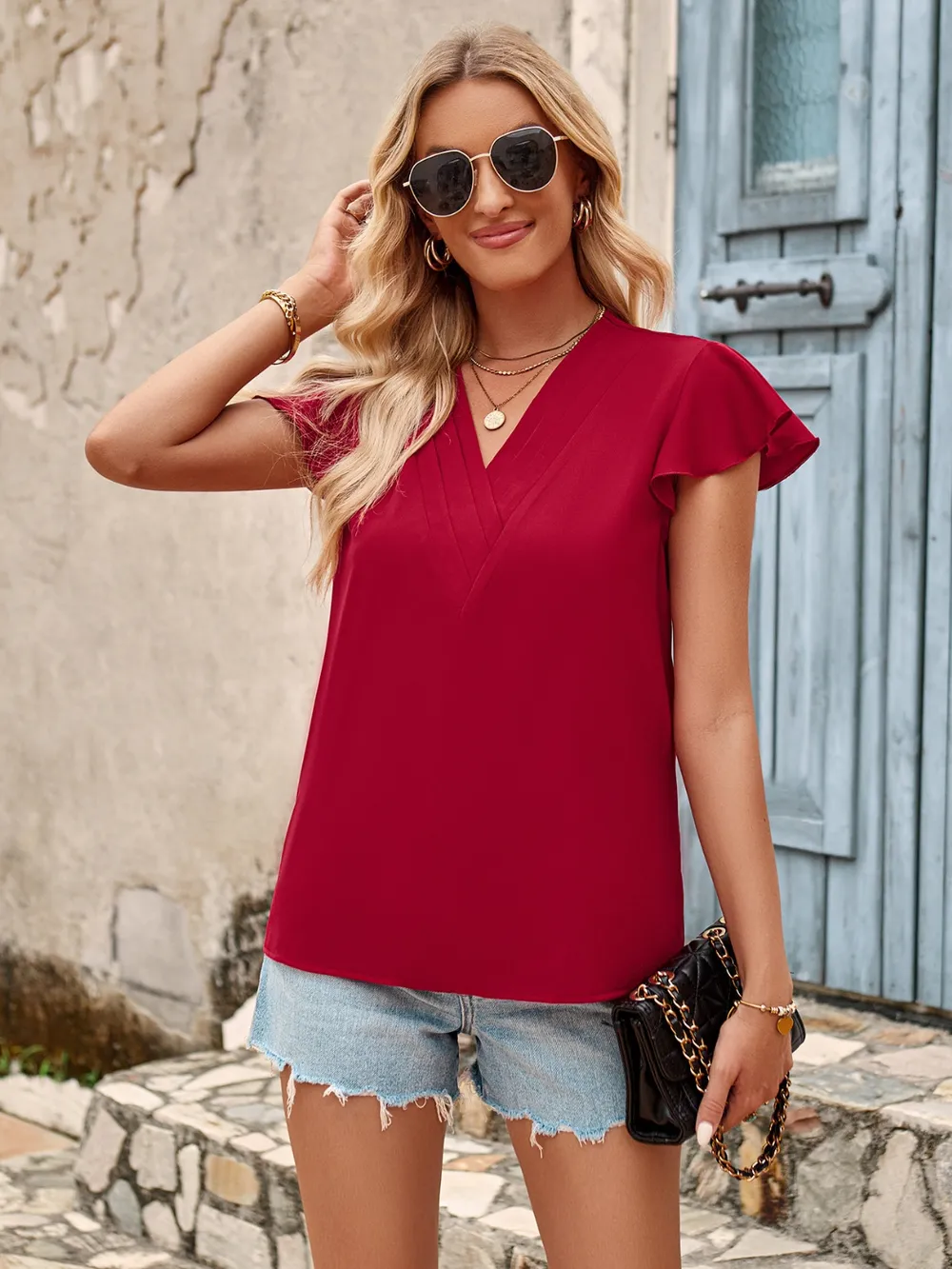 S NV Neck Flutter Sleeve Blouse s-nv-neck-flutter-sleeve-blouse