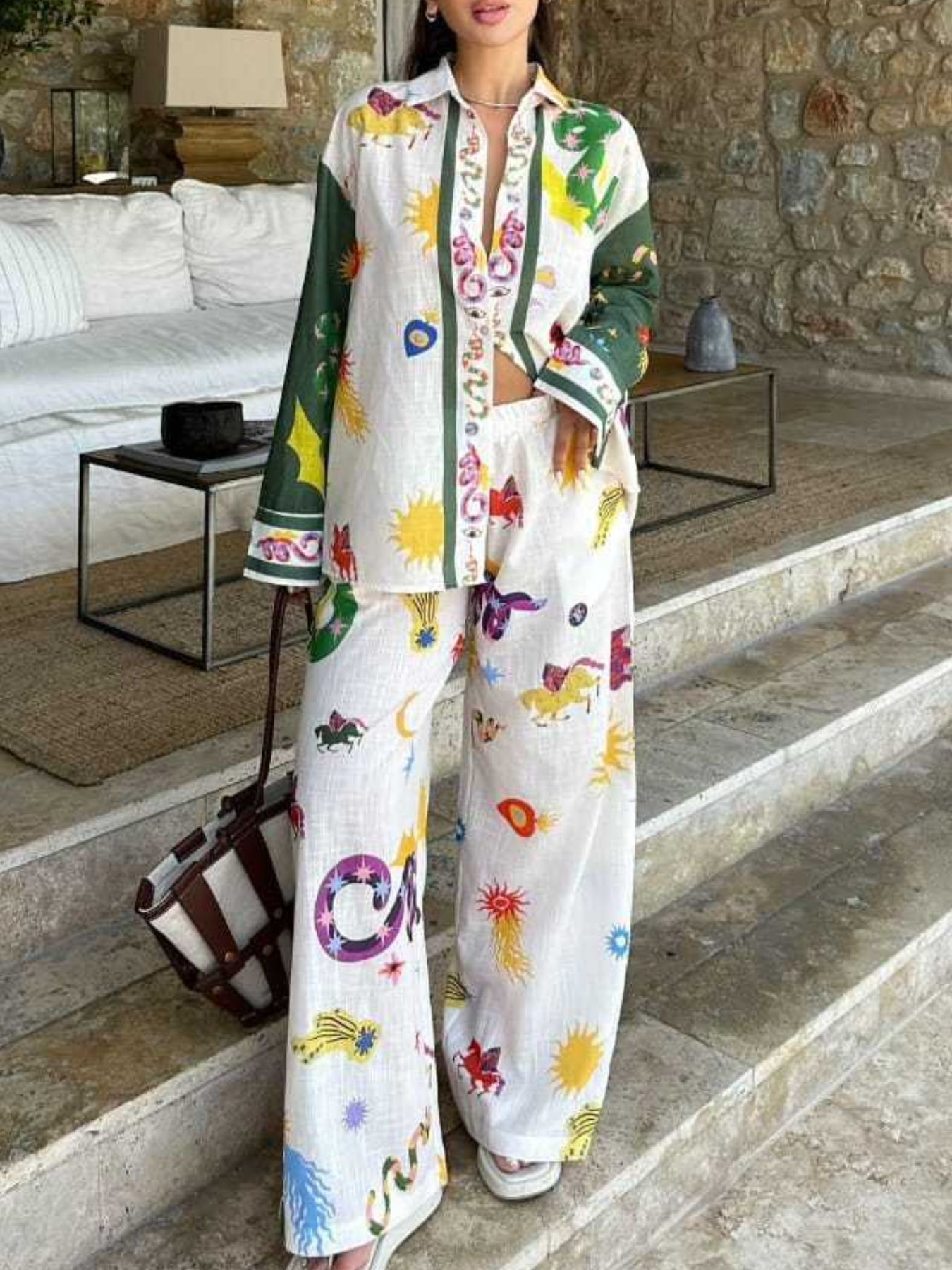 Printed Button Down Shirt and Pants Set