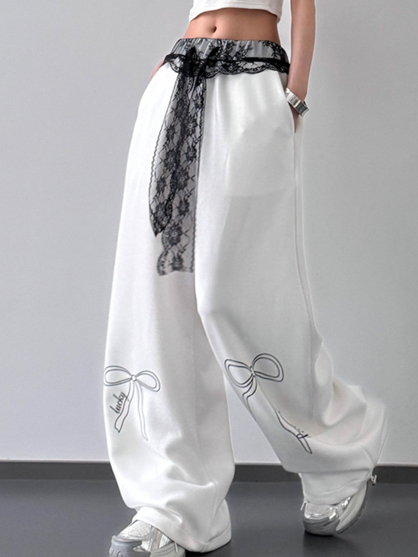 Wide Leg Pants with Lace Belt Detail