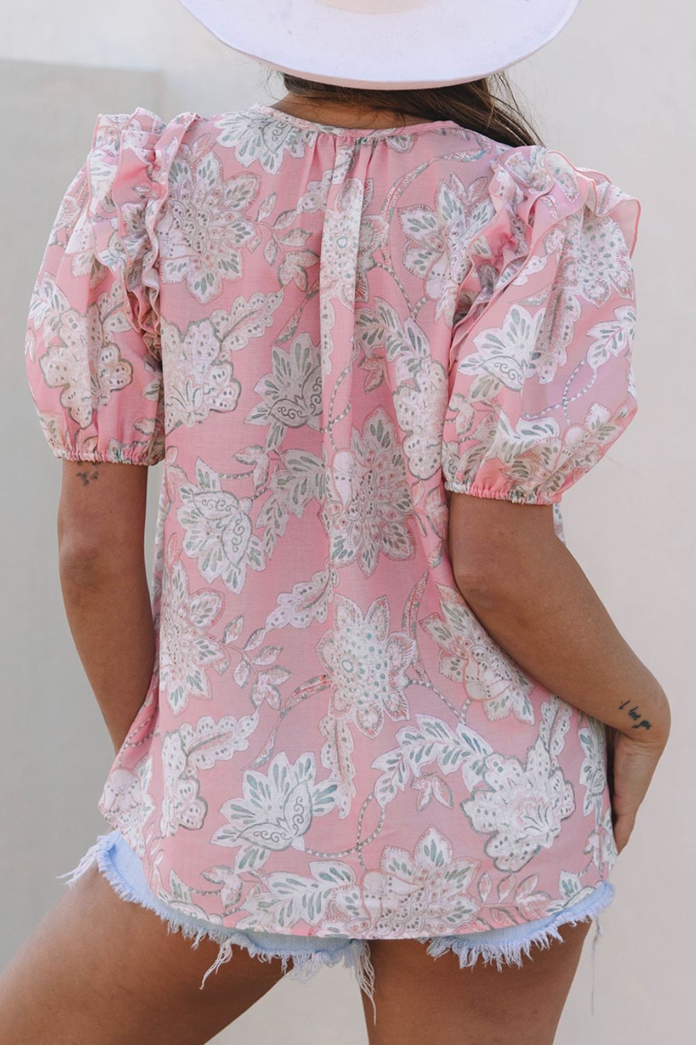 Floral Tie Neck Puff Sleeve Blouse