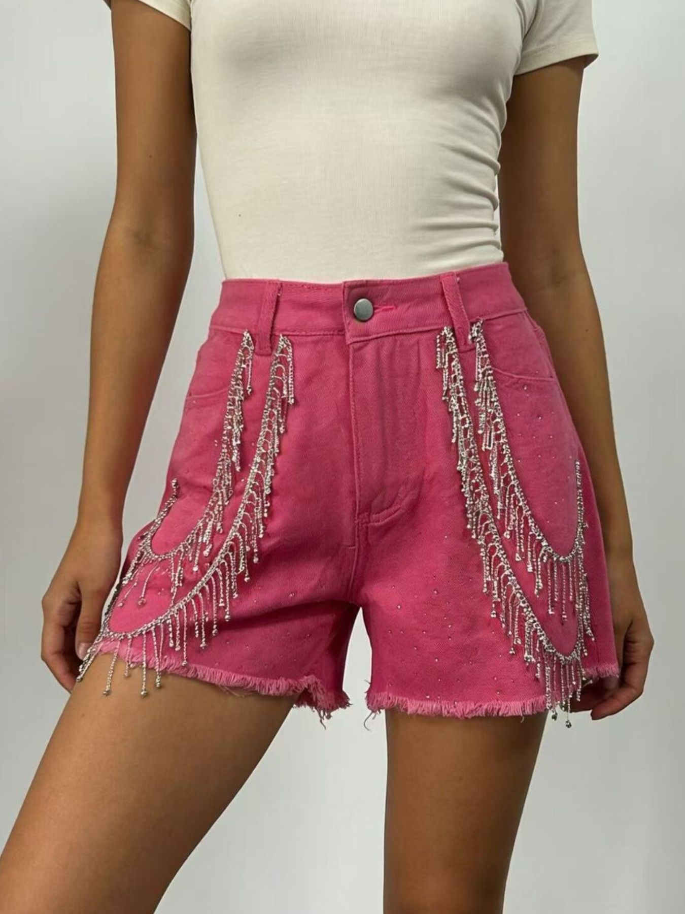 Rhinestone Chain Raw Hem Denim Shorts view 7