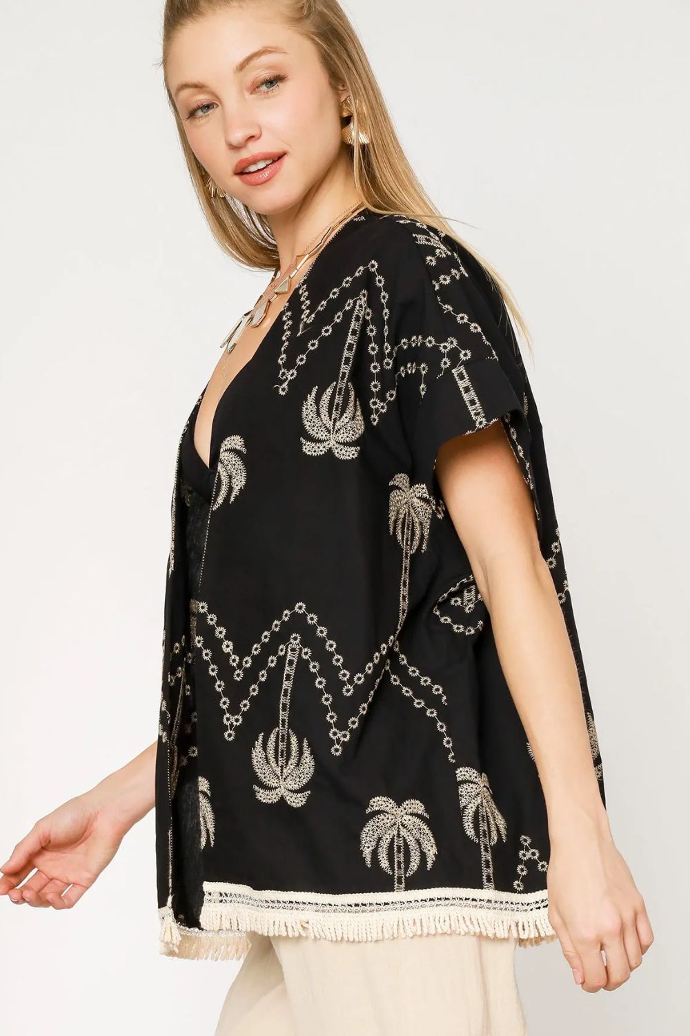 Umgee Open Front Embroidered Fringe Kimono