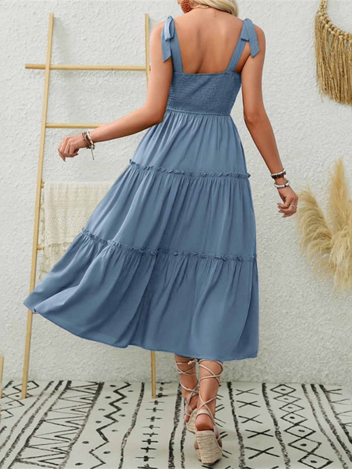 Smocked Tiered Midi Dress with Tie Straps