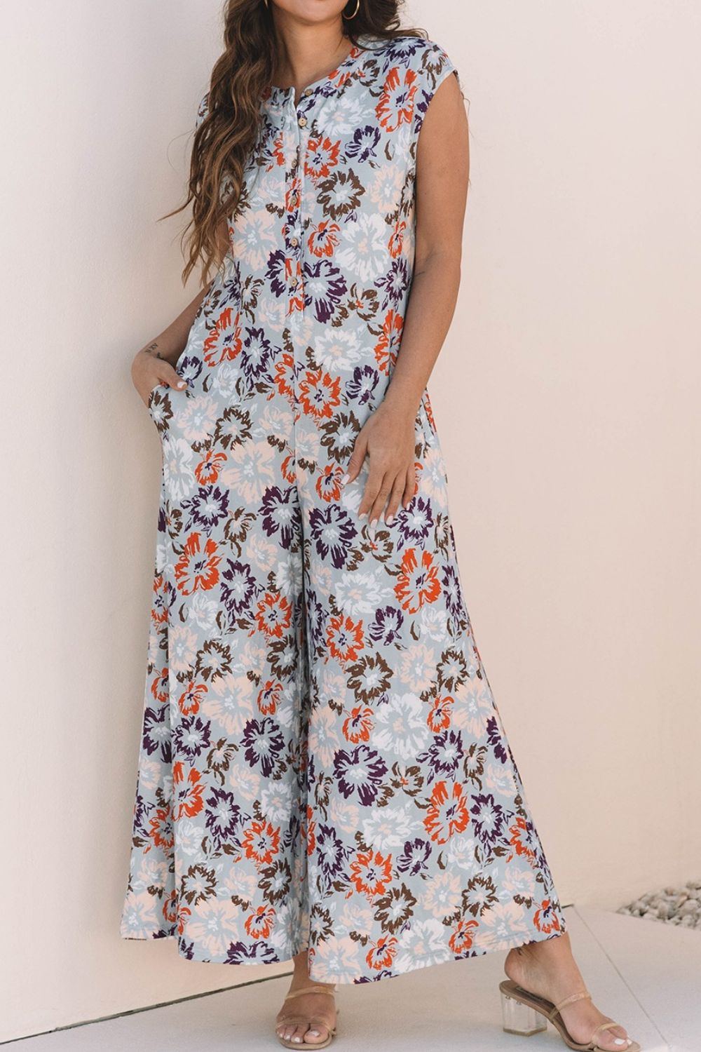 Floral Sleeveless Button Front Wide Leg Jumpsuit