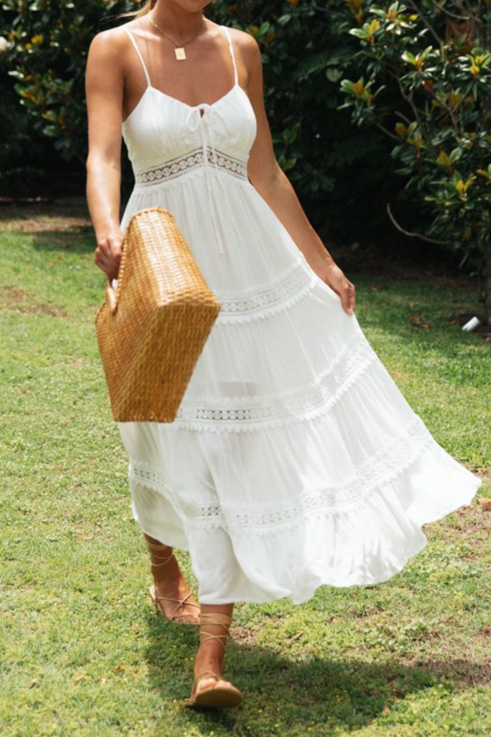 Lace Detail Smocked Midi Cami Dress