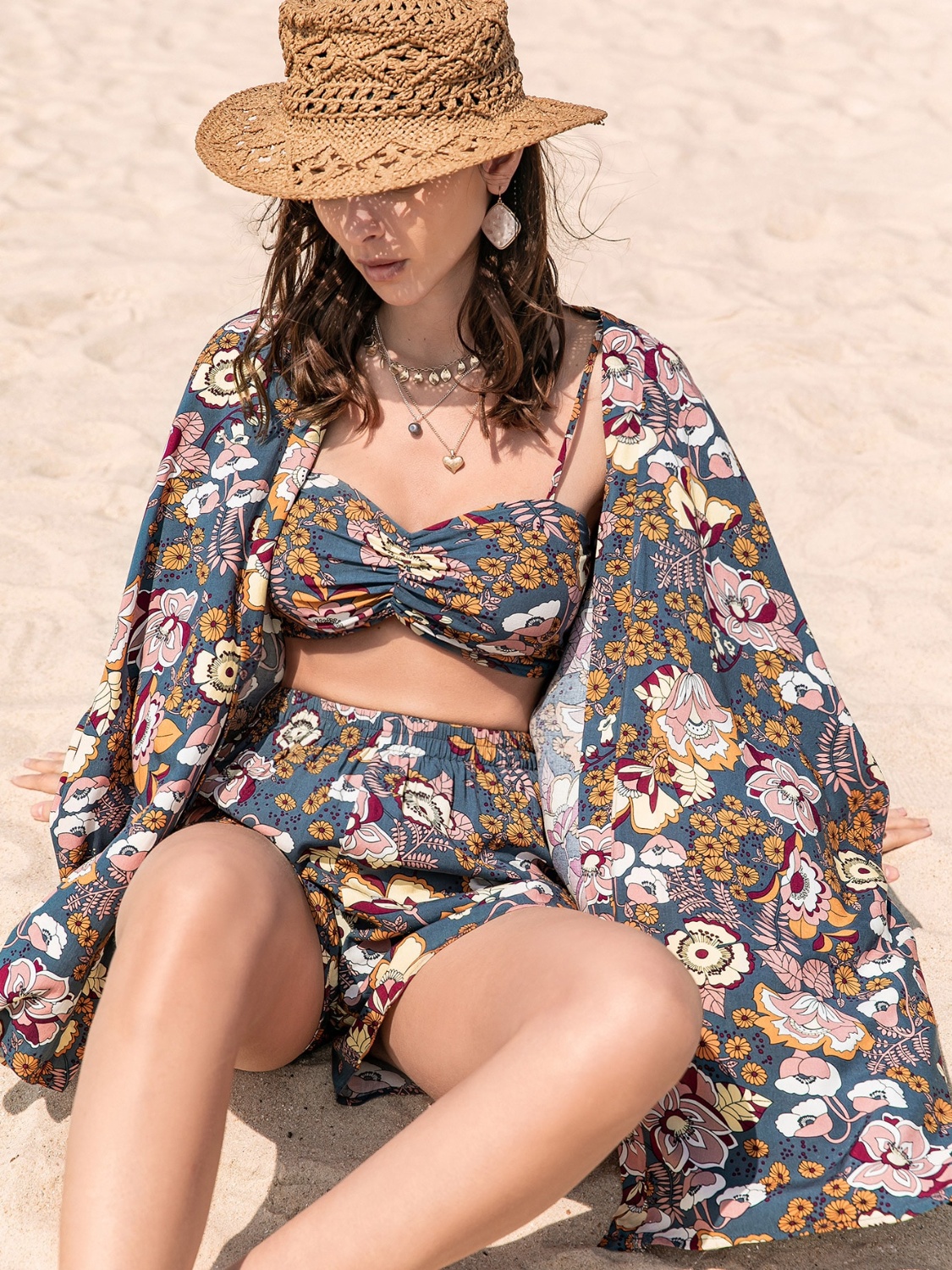 Printed Bra, Cover-Up and Shorts Set