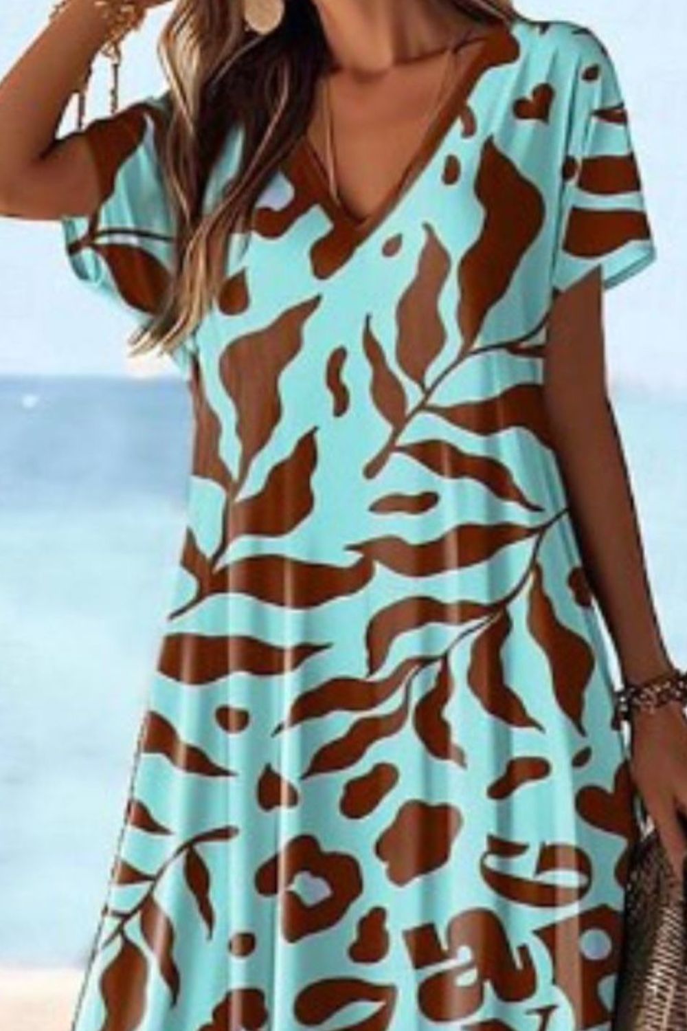 Full Size V-Neck Short Sleeve Printed Slit Tee Dress Plus Size