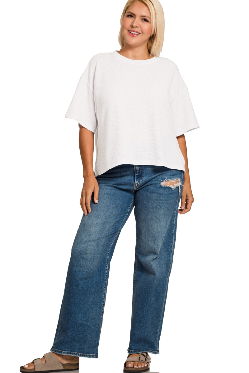 Full Size Double Knit Side Slits Hi Low Short Sleeve Top Plus Size