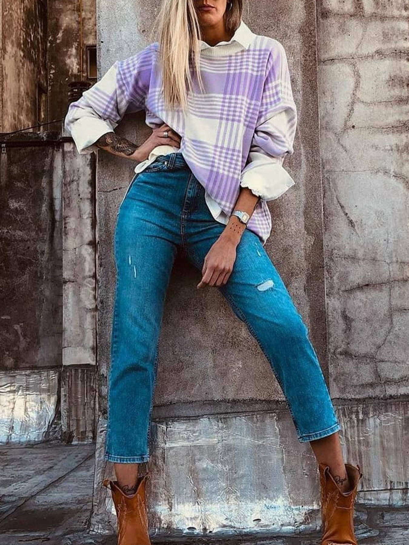 Plaid Round Neck Long Sleeve Sweater