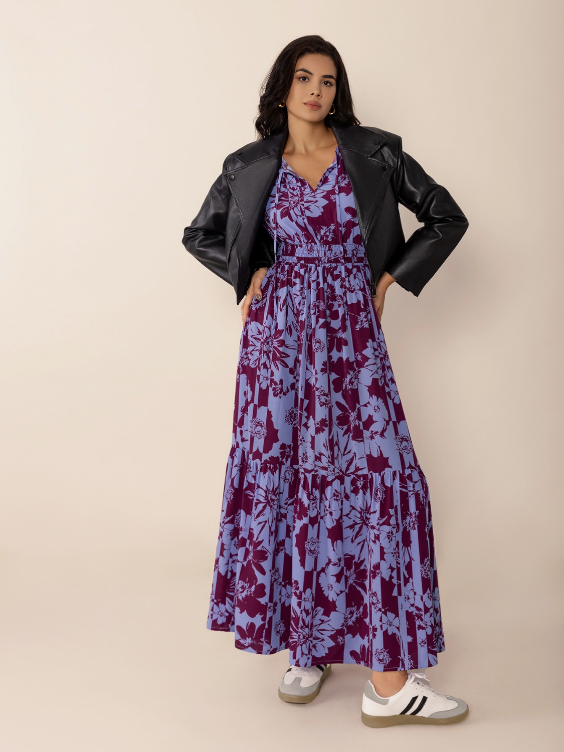 Printed Tie Neck Balloon Sleeve Maxi Dress