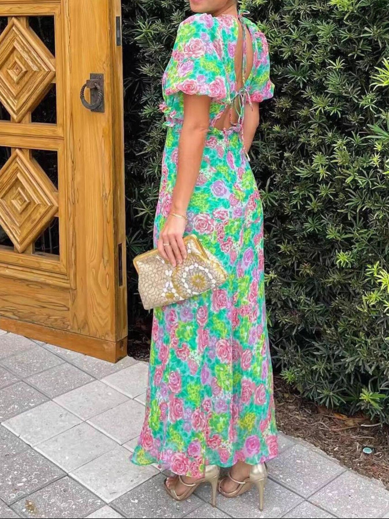 Floral Print V-Neck Puff Sleeve Midi Dress