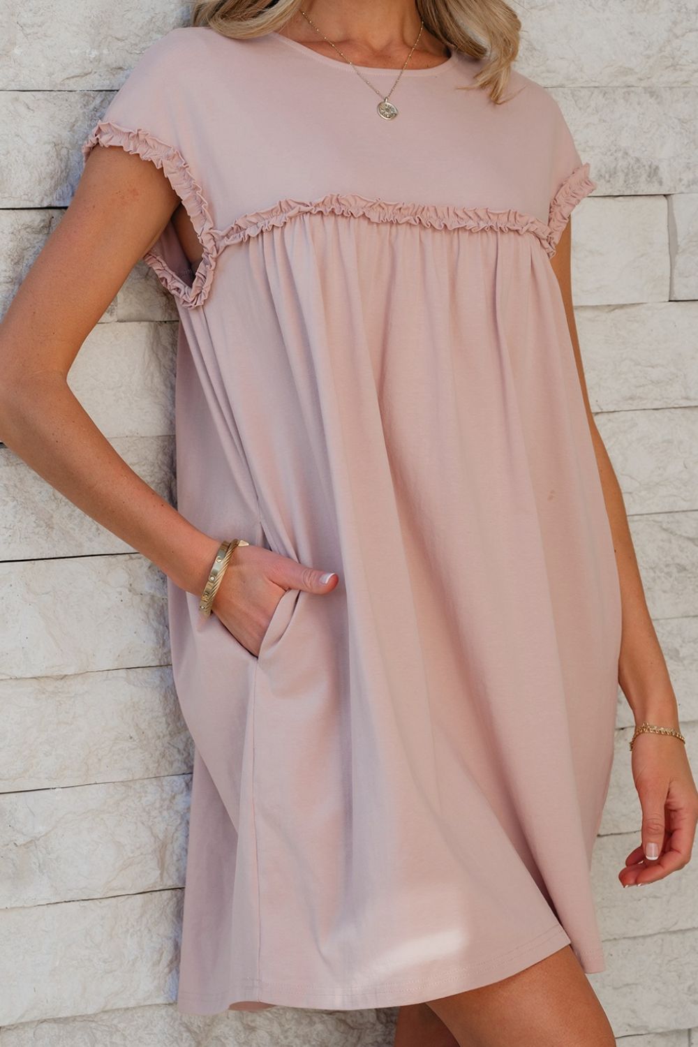 Frilled Trim Crew Neck Cap Sleeve Loose Fit Mini Dress