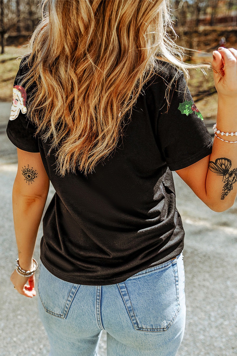 Christmas Holly Santa Claus Sequin Patched Graphic Tee