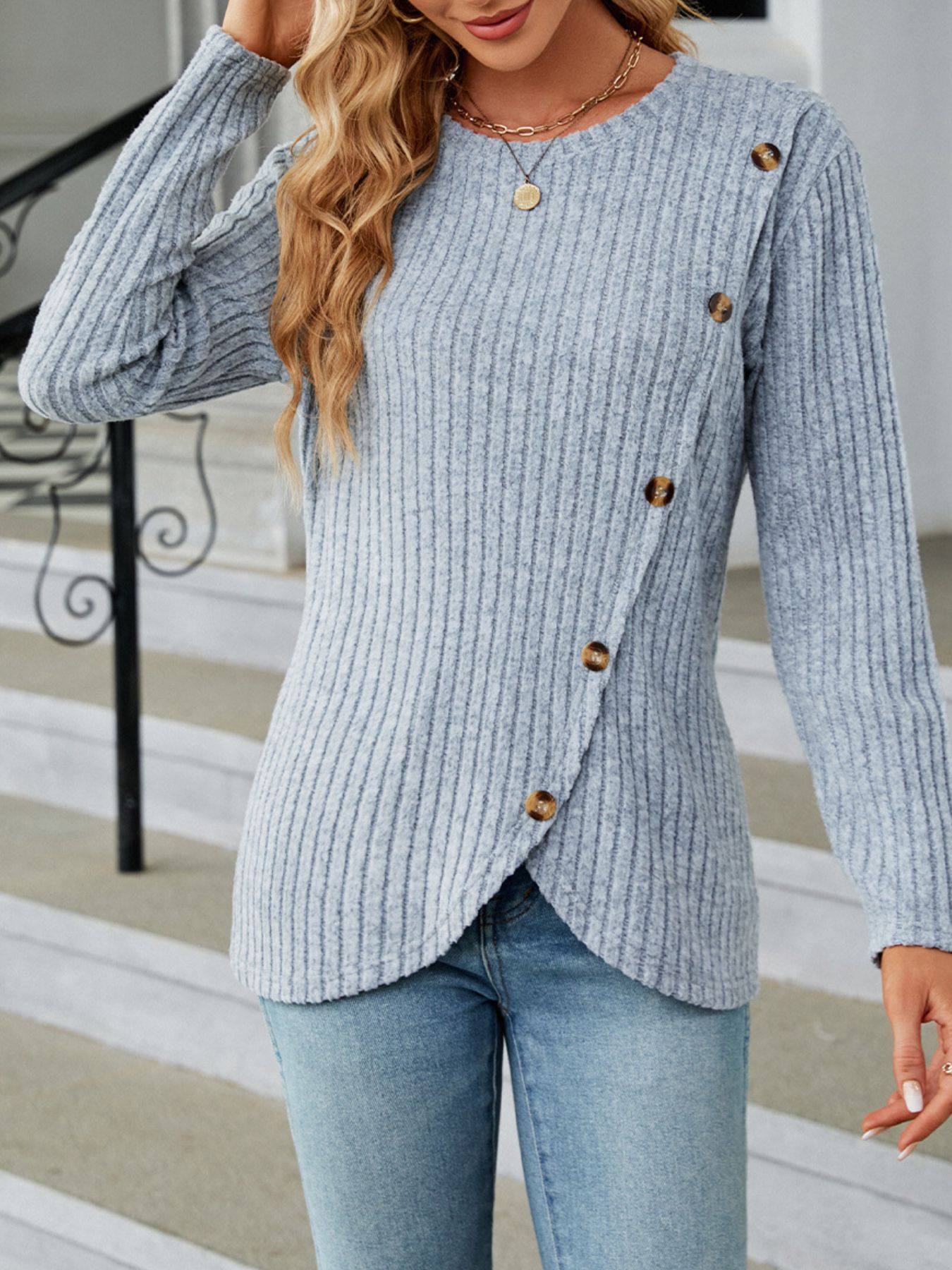 Ribbed Knit Decor Button T-Shirt