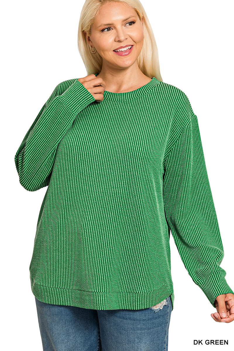 Full Size Raised Rib Round Neck Long Sleeve Top Plus Size