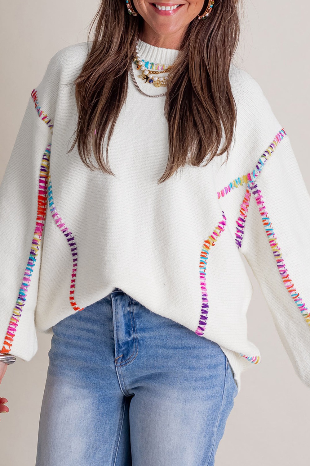 Rainbow Stitching Long Sleeve Relaxed Sweater